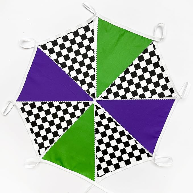 32Ft Monster Truck Party Decorations Purple Green and Black White Checkered Race Car Triangle Flag Pennant Banner Fabric Garland Streamer for Kids Racing Birthday NASCAR Party Baby Shower Decor