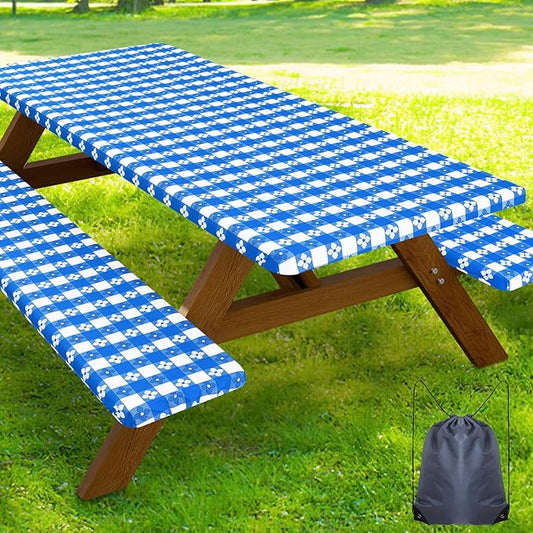 Smiry Picnic Table Cover with Bench Covers, Waterproof Elastic Fitted Tablecloth for 8 Foot Tables, Washable Polyester Tablecloths for Camping, Indoor & Outdoor (Blue & White, 30x96 Inch 3-pc Set)
