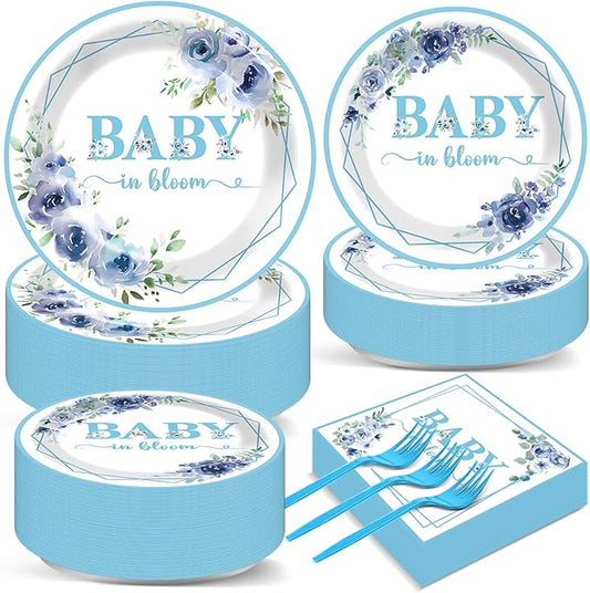 50 Guests Baby In Bloom Baby Shower Decoration Blue Flower Paper Plates Napkins Forks Spring Floral Theme Party Tableware Disposable Party Supplies Favor Plates For Boy Girl Birthday 200PCS