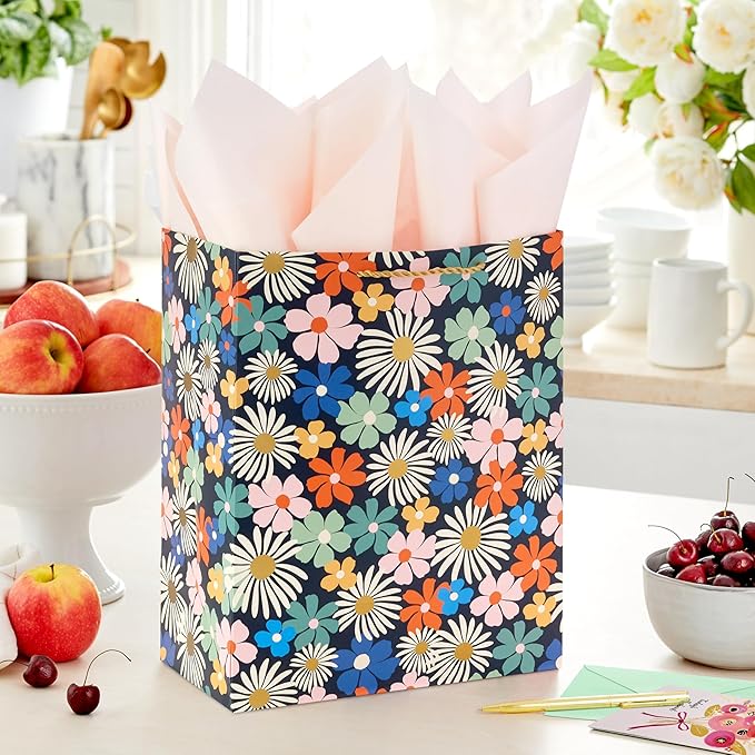 Hallmark 13" Large Floral Gift Bag with Tissue Paper and Birthday Card (Modern Flowers, Pink, Sage, Blue, Black, Yellow) for Mom, Daughter, Sister, Girlfriend, Aunt, Nana