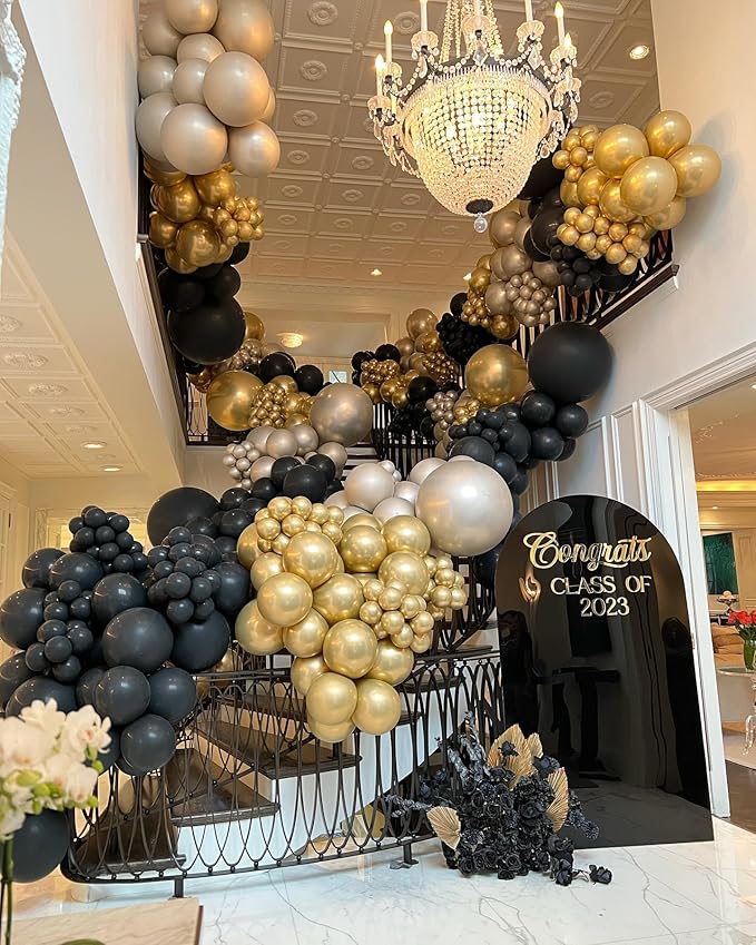 Black and gold Confetti Balloons, 60pcs 12 Inches Gold and Black Party Balloons with 1 Ribbon for Graduation Birthday Baby Shower Wedding Party Decorations