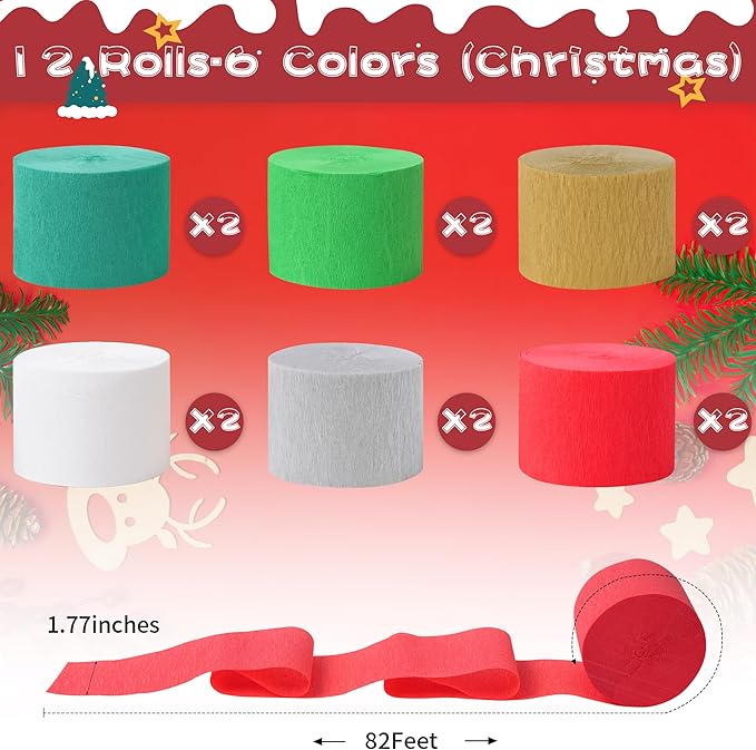 Streamers, 12 Rolls Christmas Crepe Paper Streamers, 6 Colors Christmas Party Streamers for Ceiling Background Wall Dining Table Door Window Staircase Yard Decoration