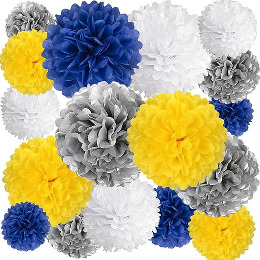 20 PCS Tissue Paper Pom Poms, Tissue Pom Poms Flowers, Sizes of 6", 10", 12", 14" Hanging Paper Flower Ball for Wedding, Birthday, Graduation, Baby Shower Party Decor (Yellow White Silver Blue)