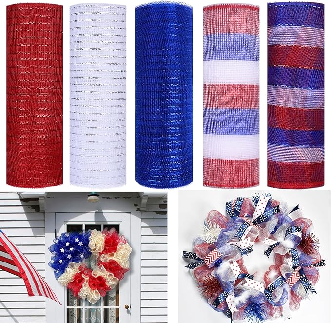5 Rolls Patriotic Mesh Ribbon for Wreath, 10 Inch x 30FT Per Roll Metallic Foil Deco Mesh Rolls Red White Blue Stripe Decorative Mesh for 4th of July Independence Day Memorial Day Party Decor