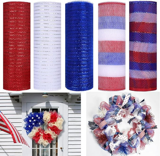 5 Rolls Patriotic Mesh Ribbon for Wreath, 10 Inch x 30FT Per Roll Metallic Foil Deco Mesh Rolls Red White Blue Stripe Decorative Mesh for 4th of July Independence Day Memorial Day Party Decor