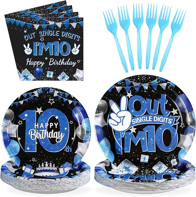 96 Pcs 10th Birthday Decorations for Boys 350 GSM Blue and Black 10th Birthday Plates and Napkins Disposable Out Single Digits I'm 10 Tableware Set for Kids 10 Year Old birthday Decorations Serves 24
