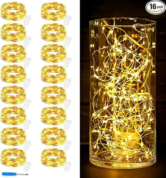 16 Pack 10 ft 30 LED Fairy Lights Battery Operated Waterproof Silver Wire Mini String Lights Firefly Starry Moon Lights for DIY Crafts Wedding Party Bedroom Table Centerpieces Christmas(Warm White)