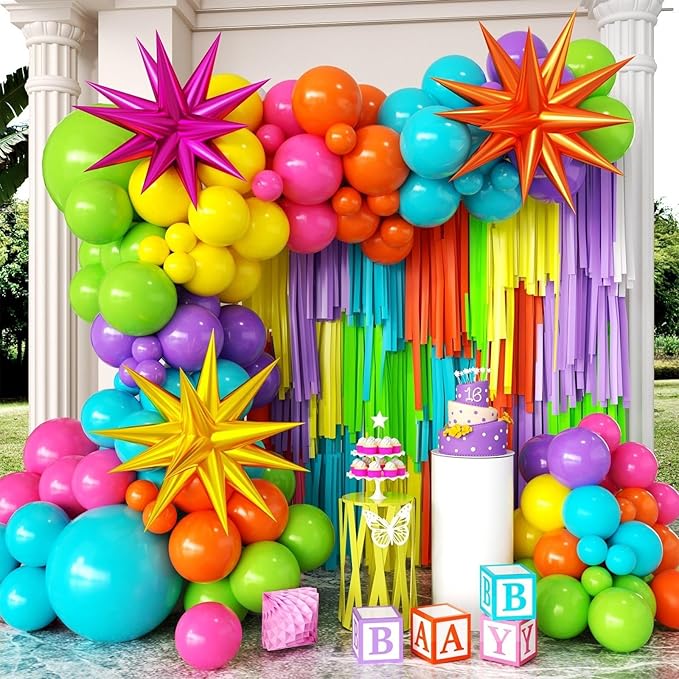 Summer Tropical Balloon Arch Garland Kit, 4D Star Foil Balloons Hot Pink Lime Green Orange Teal Yellow Rainbow Ballon for Hawaiian Luau Aloha Birthday Shower Pool Party Decorations