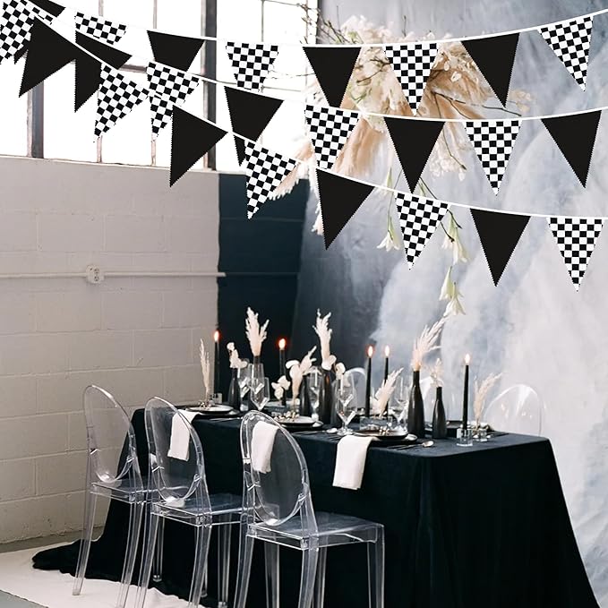 32Ft Racing Car Party Decorations Black White Checkered Race Car Triangle Banner Plaid Flag Pennant Fabric Garland Streamers for Kids Birthday Baby Shower NASCAR BBQ Bar Picnic Outdoor Decor Supplies
