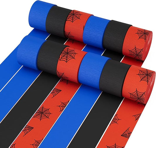 Spider Crepe Paper Streamers 12 Rolls 984ft Crepe Paper Streamers for Spider Theme Birthday Baby Shower Graduation Party DIY Backdrop Decorations, 1.8 Inch x 82 Ft/Roll (Black Blue Red, 12 Rolls)