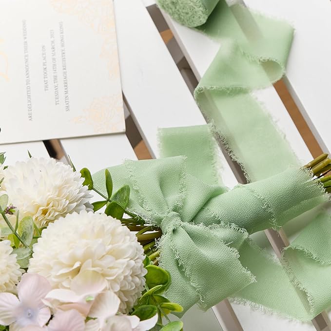 Sage Green Chiffon Ribbon 1.5" x 21 Yd Handmade Fringe Silk Chiffon Fabric Ribbon for Gift Wrapping Wedding Invitation Bridal Flower Bouquet DIY Crafts Home Decor