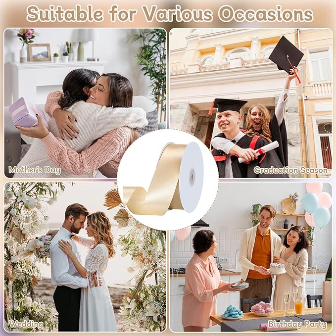 woric Champagne Gold Ribbon 1 1/2 Inch 60 Yards Wide Gift Satin Ribbons Gold Bows for Mothers Day Graduation Gift Wrapping Flower Bouquet Birthday Decorations