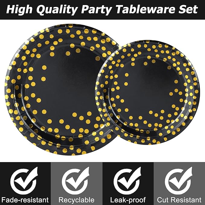 175 Pcs Black and Gold Party Supplies, Serves 25 Black Gold Foil Dot Disposable Dinner Tableware Set Gold Plastic Forks Spoons Knives Plates Napkins Cups Party Supplies for Birthday Wedding Graduation