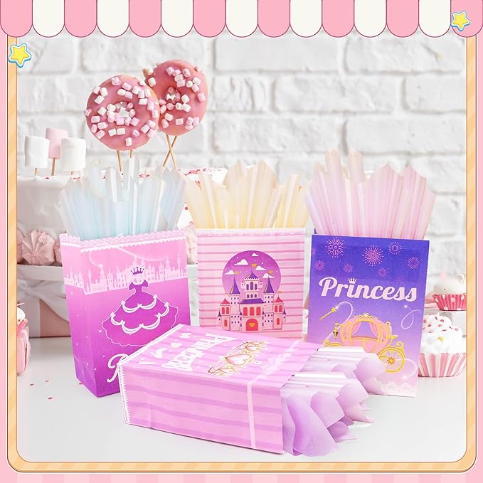 16Pcs Princess Goodie Bags, Pink Princess Party Favor Bags with Handles, 4 Styles Paper Thick Bottom Reusable Castle Treat Candy Gift Bags for Party Decorations Birthday Supplies Baby Shower Wedding(16)