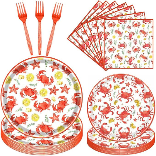 Gameza Crab Boil Party Tableware Supplies, 96PCS Seafood Crab Paper Plate Napkin Fork Party Decorations, Summer Disposable Dinnerware Set Serves 24