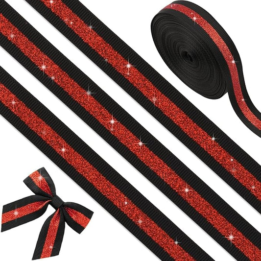 Black Red Glitter Grosgrain Ribbon 5/8" x 10 Yards - No-Shed Cheer Ribbon for Cheerleading Hair Bows, Homecoming Mum Supplies, Team Spirit Crafts, Valentine Gift Wrapping Party Decorations