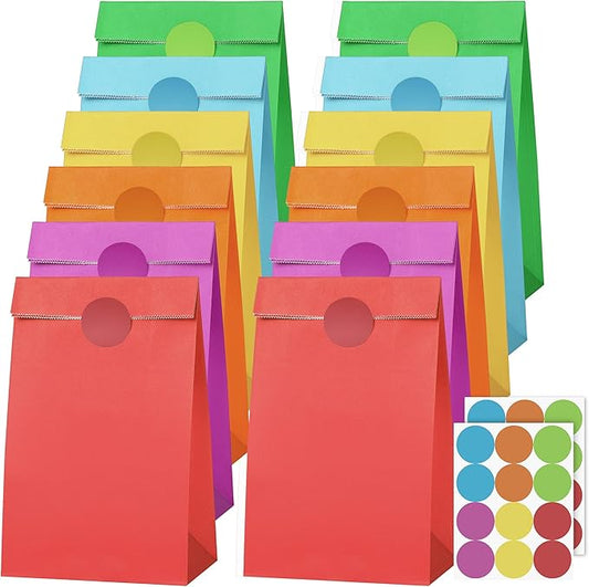 Cooraby 30 Pack Rainbow Gift Bags Candy Paper Bags with Stickers 5.1 x 3.1 x 9.4 Inches Snack Sweet Party Favor Bags for Birthday Wedding Party Anniversaries with 48 Stickers