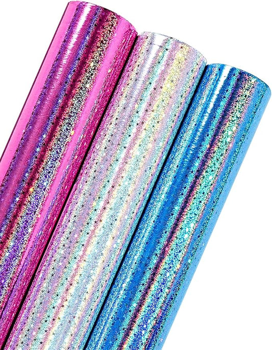 RAPAHOLIC Metallic Holographic Wrapping Paper - 3 Mini Rolls - 17 Inch x 120 Inch Per Roll - Blue White Pink Holographic Star Wrapping Paper for Birthday, Wedding, Baby Shower, Bridal Shower