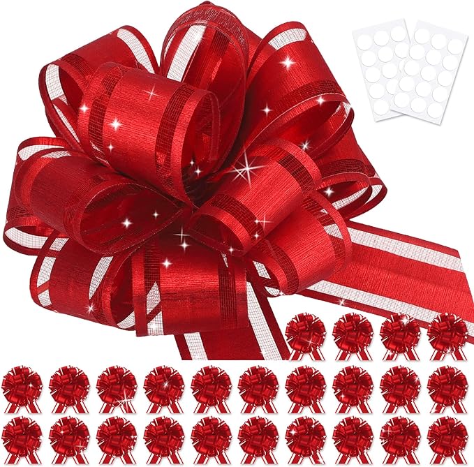 24pcs Red Pull Bow for Gift Basket Wrapping Xmas Gift Bows Presents Adhesive Wrap Ribbon Bow for Christmas Tree Bottles Bouquet Flower Valentine's Day Party Decor (Red-G)