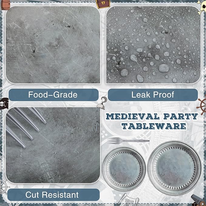 Jingmore 180 Pcs Medieval Party Supplies Disposable Pewter Paper Plates and Forks Tableware Set for Pirate Knight Castle Halloween Decorations Dinner Silver Grey 9" and 7'' Serves 60（Retro Style）