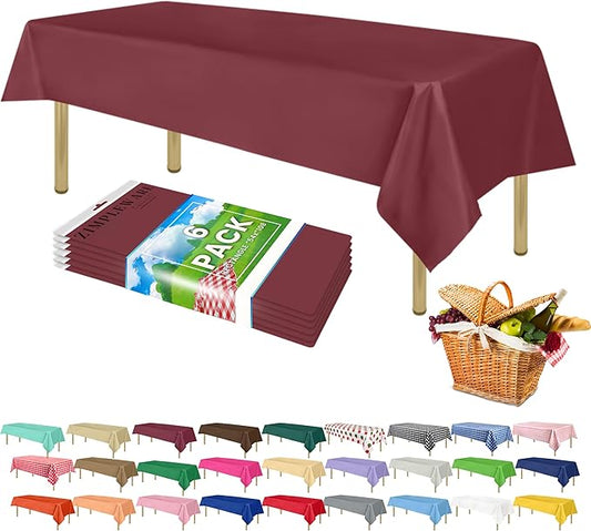 ZIMPLEWARE Premium Burgundy Plastic Table Cloth Disposable (6 Pk) Plastic Tablecloths for Rectangle Tables (54in x 108in) Party Table Cloths Disposable for 6ft to 8ft Rectangle Tables