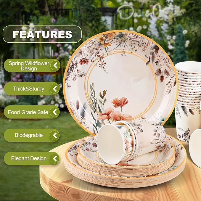 Spring Wildflower Party Decorations,Wildflower Birthday Dish Set,Disposable Plates,Floral Paper Plates and Napkins Sets for Baby Shower Birthday Bridal Shower Decorations,Serves 24