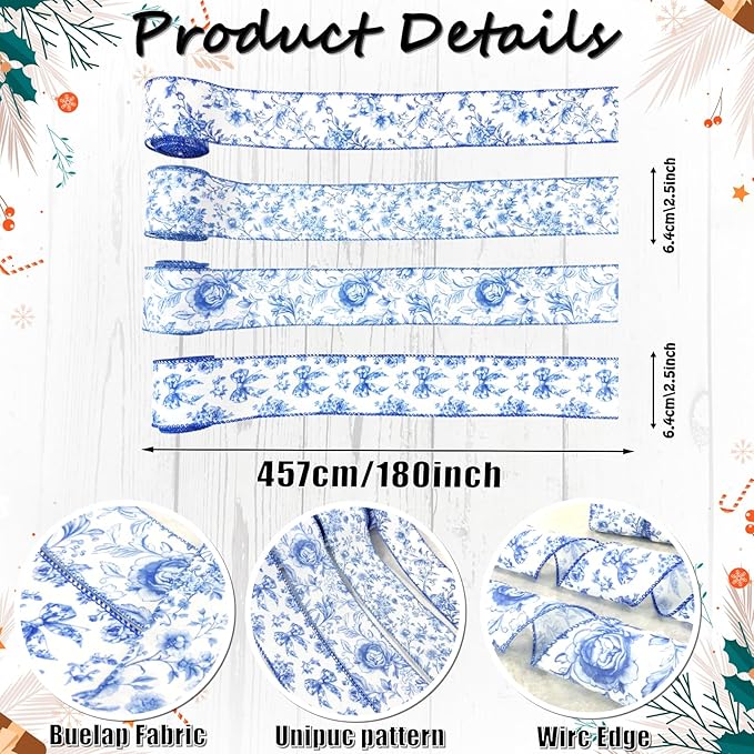 Blue Floral Wired Ribbon, Vintage Chinoiserie Fabric Craft Ribbon for Gift Wrapping, Wedding Decor, DIY Crafts, 4 Rolls, 2.5 Inch x 20 Yards (Blue)