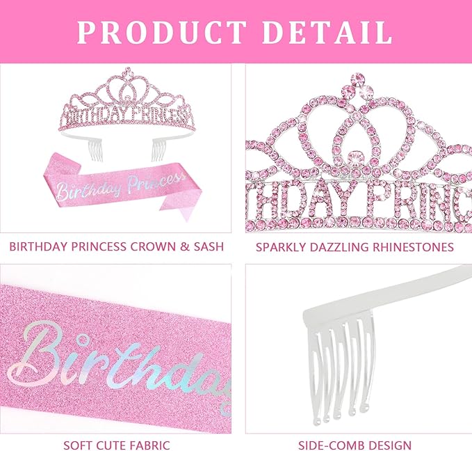 CAVETEE Princess Crowns and Sashes for Girls & Women - Birthday Party Decorations Set