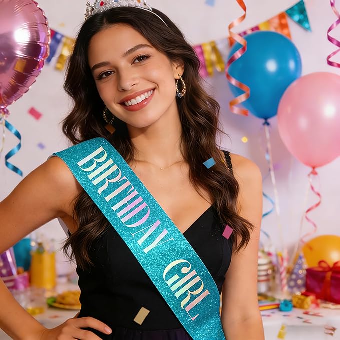 Birthday Sash for Girl, Dazzle Foil Letter Glitter Teal Blue Birthday Sash for Women Girl Kids Teenager Bday Gifts Party Favors Photo Prop