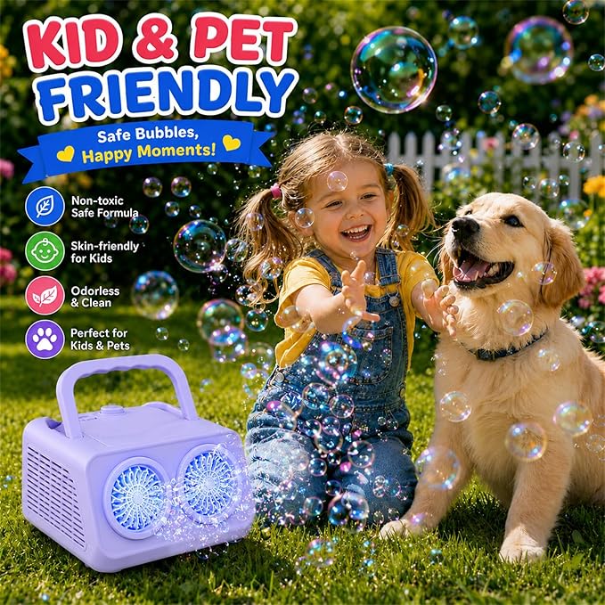 Bubble Machine with Dual Fans, 20,000+ Bubbles Per Minute, USB-C or AA Battery Powered,Leak-Proof Sealed Bottle,Portable Bubble Maker for Birthday Party Pool Wedding Outdoor