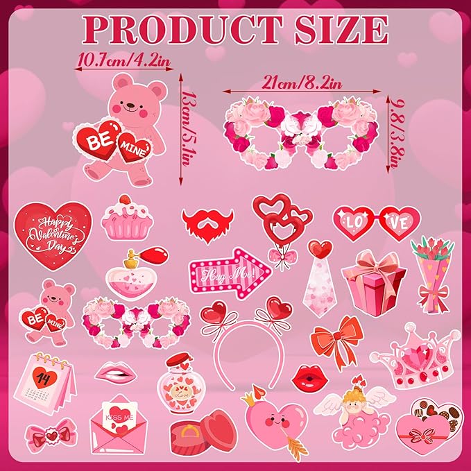 Happy Valentine's Day Photo Booth Props Kit, 24 PCS Selfie Photo Booth Accessories with “Happy Valentine’s Day” Signs, Cute Heart Themed Party Decorations for Valentine’s Party Favors