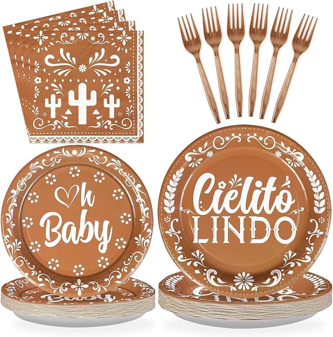 96Pcs Brown Cielito Lindo Party Decorations Mexican Fiesta Plates and Napkins Cielito Lindo Baby Shower Tableware Set for Cinco De Mayo Baby Shower Mexican Talavera Birthday Party Supplies, Serves 24