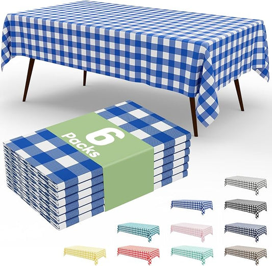 Smiry 6 Pack Blue Gingham Disposable Tablecloths - 54" x 108" Heavy Duty Plastic Table Cloth, Waterproof Buffalo Plaid Table Covers for Picnic, Banquets, Outdoor Parties
