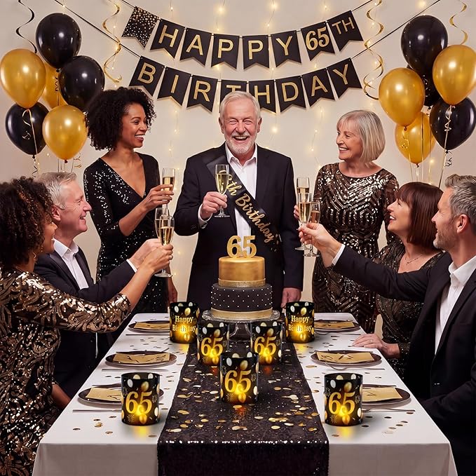 10 Sets 65th Happy Birthday Centerpieces for Table Black and Gold Birthday Decorations Lantern Boxes with Tea Lights Candles Centerpieces for Men Women 65th Party Supplies