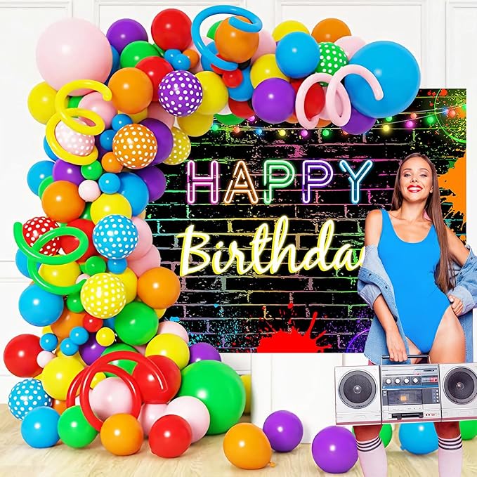 Mocsicka Glow Birthday Backdrop Neon Glow in The Dark Party Decoration Glow Crazy Rainbow Birthday Photo Backdround Photo Prop (Glow deign but Not Real Glow) (10x8ft(120x96 inch))