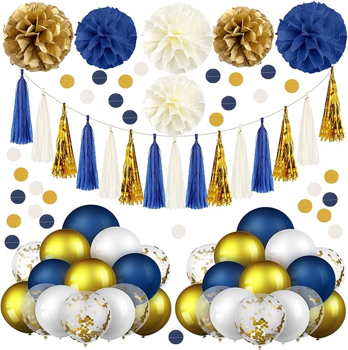 74 Pieces Navy Blue Gold Party Decoration for Graduation Includes Tissue Paper Pom Pom Flower Gold and Navy Balloon Circle Banner Tassel Garland Birthday Bridal Shower Wedding Party
