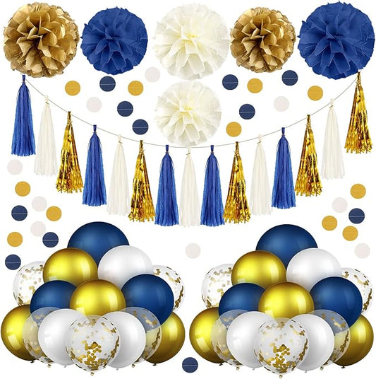 74 Pieces Navy Blue Gold Party Decoration for Graduation Includes Tissue Paper Pom Pom Flower Gold and Navy Balloon Circle Banner Tassel Garland Birthday Bridal Shower Wedding Party