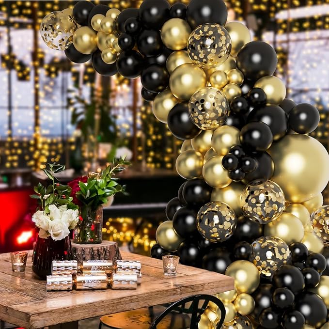 DBKL Black and Gold Balloons Garland Arch Kit with Black Gold Confetti Balloons for Happy New Year Decorations 2025 Birthday Graduation Party Supplies