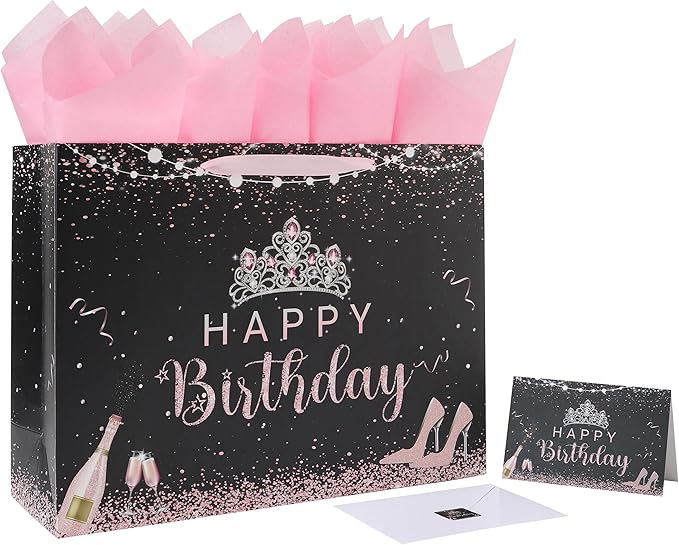 wishinside 16.5'' Extra Large Black Happy Birthday Gift Bag Set with Handles, Greeting Card, Tissue Papers and Stickers for Girls Women Kids Teens, Tiara Design, 1 Pcs