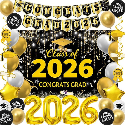 Black and Gold Graduation Decorations 2026, Graduation Party Decorations Class of 2026 Backdrop, Congrats Grad Banner Black Gold and White Balloons Foil 2026 Balloons College High School Master Phd