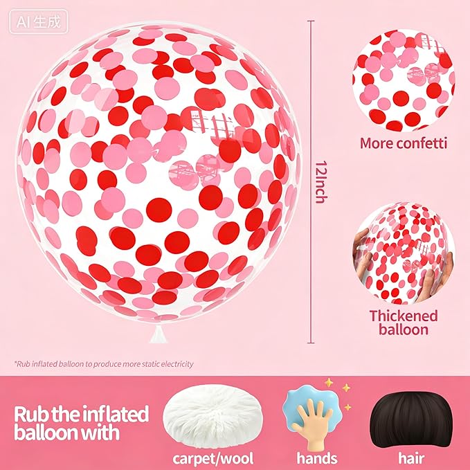 VHUWE Red Pink Confetti Balloons 25 Pcs, 12 Inch Thickened Clear Latex Balloon with Confetti Inside for Birthday Party Baby Shower Graduation Anniversary Engagement Decorations Supplies -Paper