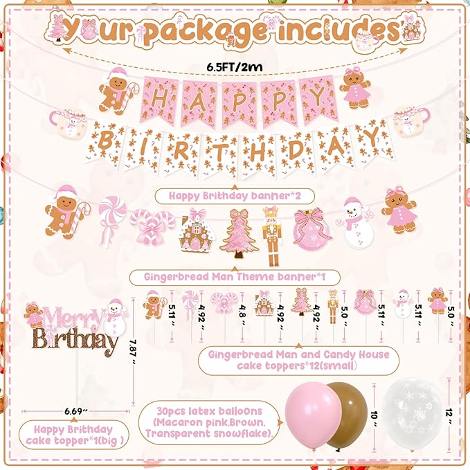 K KUMEED Pink Gingerbread Man Theme Party Decorations,Christmas Happy Birthday Banner Hot Cocoa Mug Candy Cake Topper Latex Balloons for Baby Shower Birthday Party Supplies