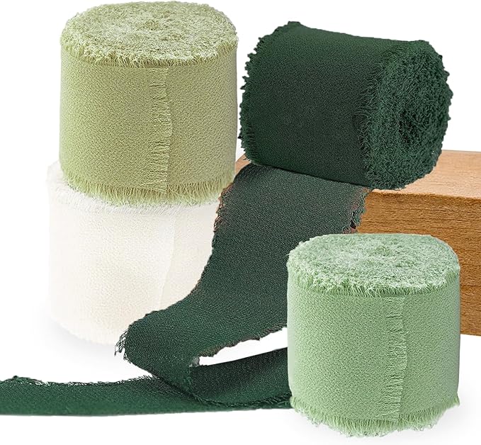 Chiffon Ribbon,1.5 inch x 21 Yards 4 Rolls Green Handmade Fringe Edges Chiffon Ribbon for Gift Wrapping Wedding Invitations Bridal Bouquets Crafts Home Decor (Green)