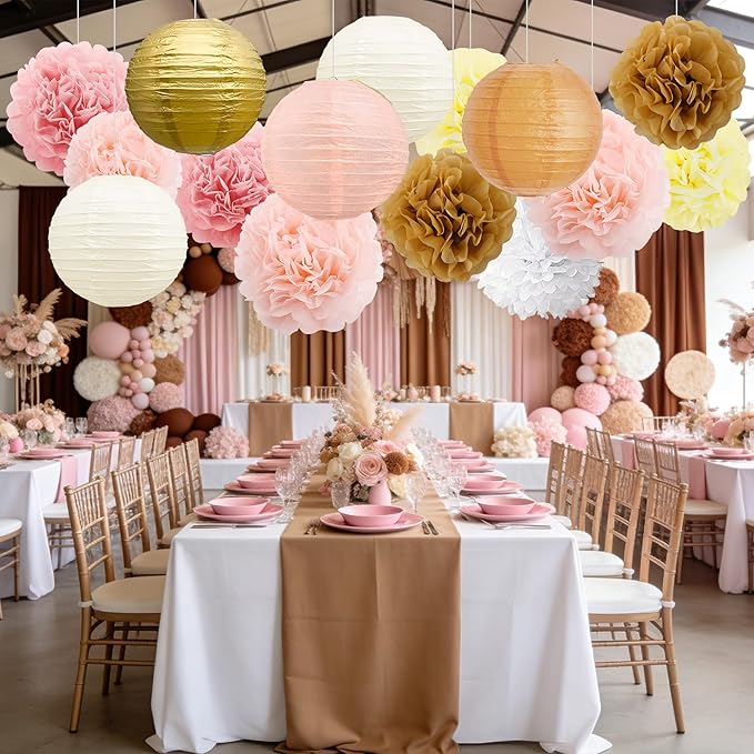 BEISHIDA Champagne White Tissue Hanging Paper Flowers Lanterns Party Decorations Set for Birthday Graduation Baby Shower Bridal Bachelorette Wedding Photo Booth Backdrops Party Supplies(18 Packs)