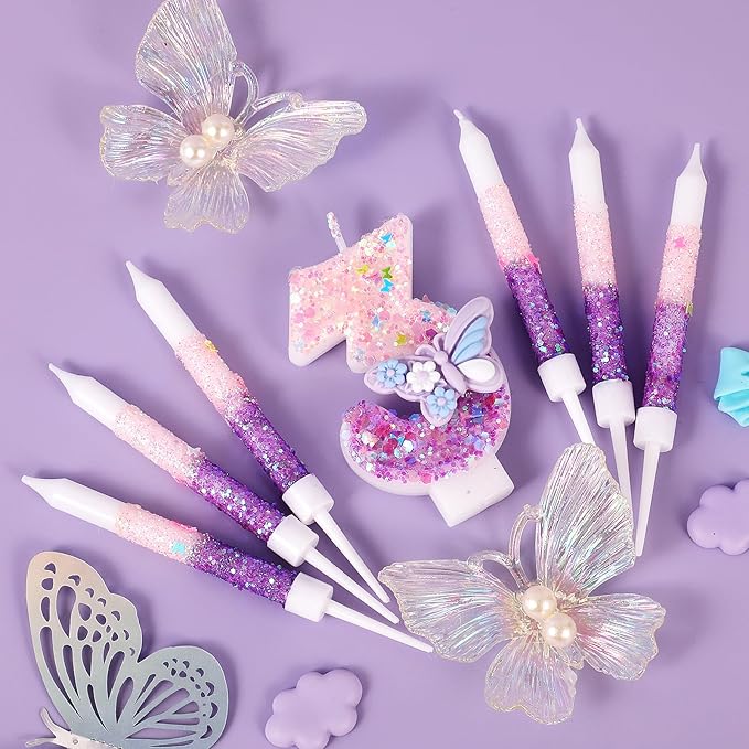 AKURIEEY Butterfly 3rd Birthday Candle Purple Number 3 Candle with 6 Pcs Long Candles for Girls Cake Topper Cupcake Decor Party Decoration Anniversary Celebrations Supplies