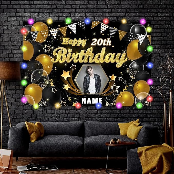 Custom Black and Gold Happy Birthday Backdrop Banner Personalization Black and Gold Sign Poster Large Fabric Glitter Balloon Fireworks Sign Birthday Photo Backdrop Backgroud