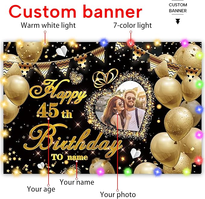 Dicodes Custom Black and Gold Theme Birthday Banner for Party Happy Birthday Backdrop Decoration Personalized with Name and Photo