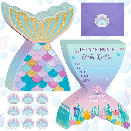 Hotop 24 Sets Mermaid Birthday Invitations with Envelopes and Mermaid Stickers Glitter Mermaid Invitations for Kids Birthday Party Baby Shower Mermaid Themed Party Supplies Pool Party