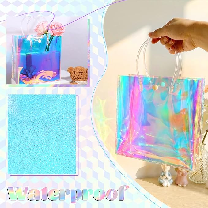16 Pcs Holographic Small Gift Bags, Clear Reusable Iridescent Birthday Gift Bag with Handles, PVC Gifts Wrap Bags for Bachelorette Shopping Birthday Weddings Party Favors(7.87" x 7.87" x 3.15")