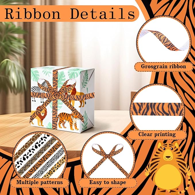 6 Rolls Animal Print Ribbon Set, 3/8 Inch x 5 Yard Safari Ribbons, Leopard, Zebra, Tiger, Cow, Snake, Giraffe Patterns Ribbons for DIY Crafts, Hair Bows, Gift Wrapping, Party Decor
